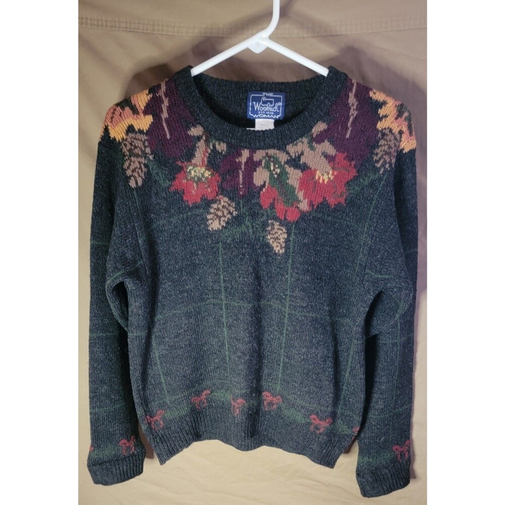 VTG Woolrich 100% Wool Sweater Womens Medium Gray Floral Crewneck 90s Grandma